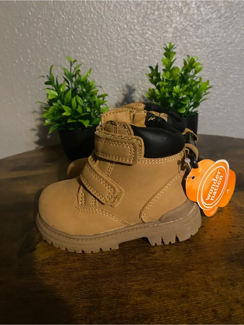 Tan Kids Hook-and-Loop Boots with Black Collar